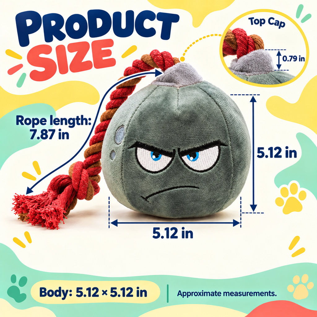 PYROEPLEEA Cartoon Bomb Squeaky Plush Dog Toy with Angry Face and Knotted RopeFuse, Green, Approx. 5 in Wide, Dog Birthday and Holiday Gift