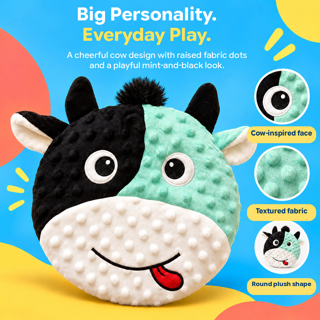 PYROEPLEEA Cow Flying Disc Dog Toy with Soft Raised-Dot Fabric and Smiling Face, Black and Mint Green, Approx. 9.5 in Wide, Fetch Toy and Dog Gift