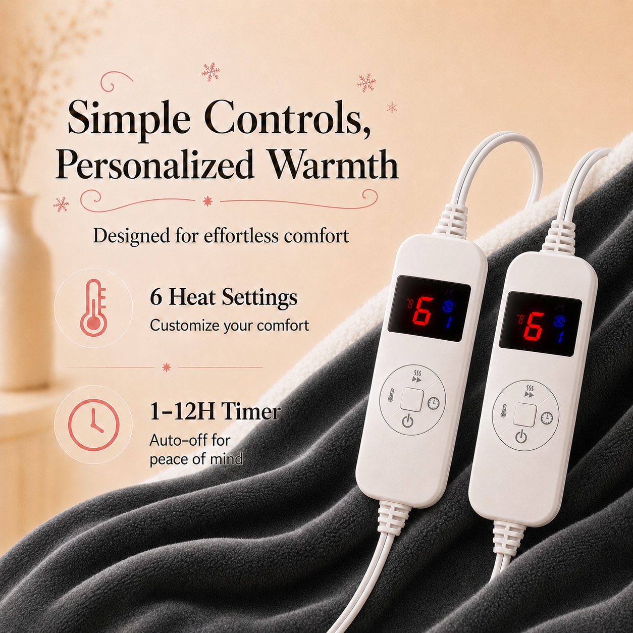 PYROEPLEEA Heated Electric Blanket Queen 84 x 90 in, Flannel Sherpa, 2 Controllers, Dual Zone, 6 Heat Settings, 1-12 Hour Auto Off, Washable-Dark Gray