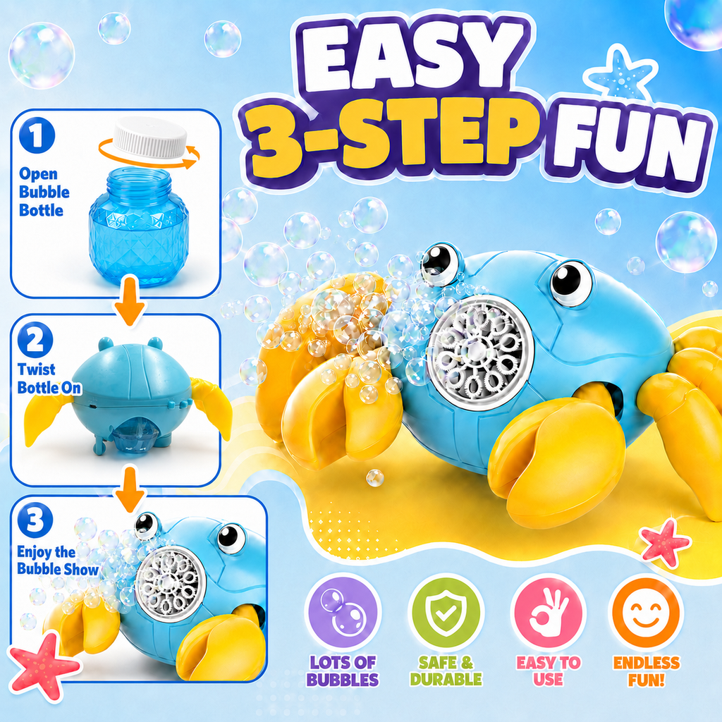 PYROEPLEEA Crab Bubble Machine for Kids, USB Rechargeable Automatic Bubble Maker with LED Lights, 2 Bubble Bottles, Outdoor Toy, Ages 3 and Up, Blue