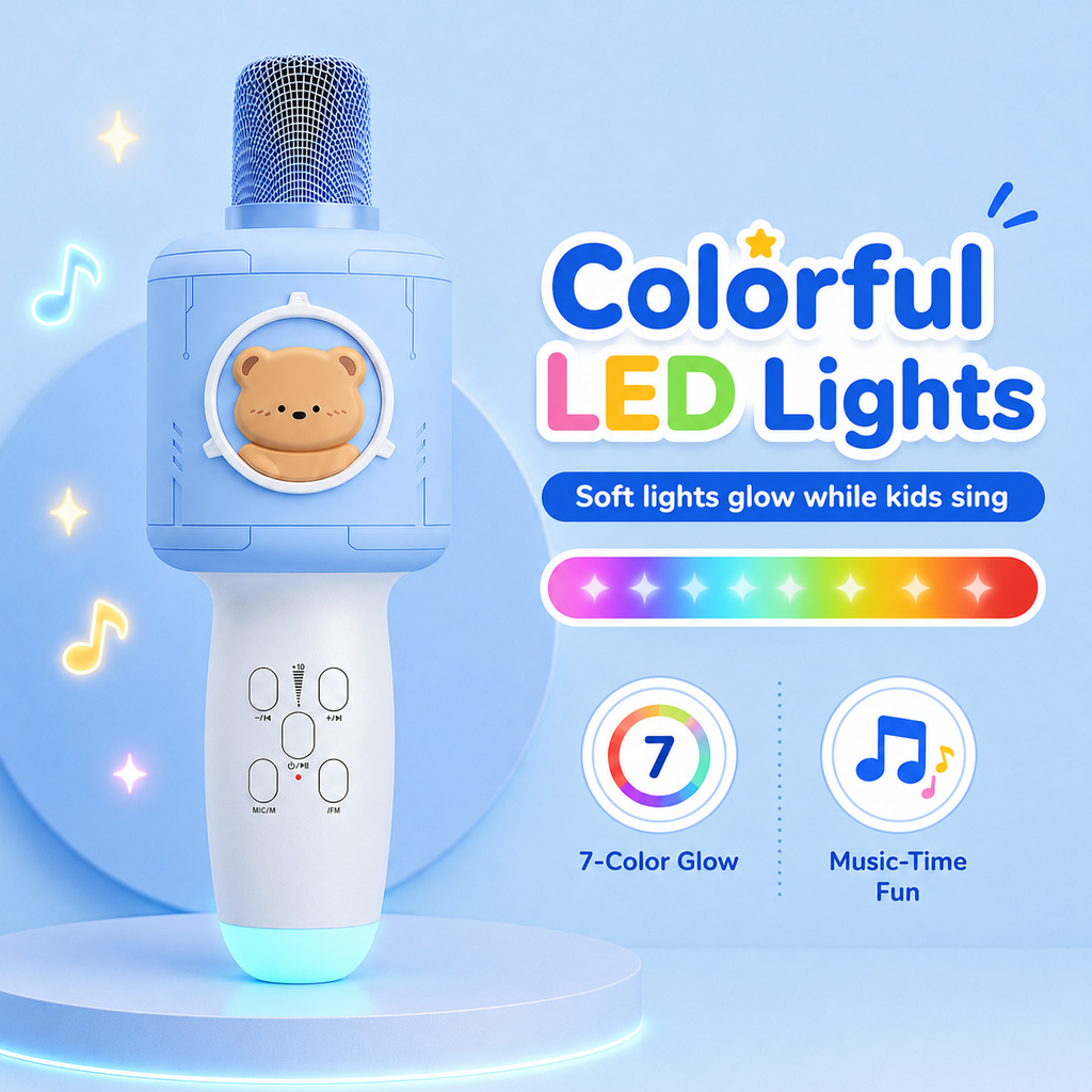 PYROEPLEEA Kids Karaoke Microphone with Bluetooth Speaker, LED Lights & Voice Changer, Portable Singing Toy for Ages 3-12, Blue