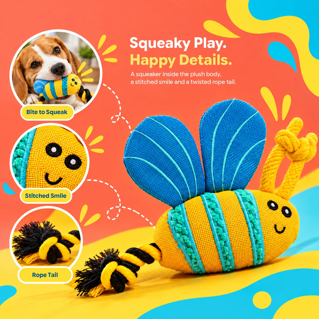 PYROEPLEEA Bee Squeaky Dog Toy with Textured Body, Blue Wings and Knotted Rope Tail, Yellow, Approx. 8 in Long, Dog Birthday and Holiday Gift