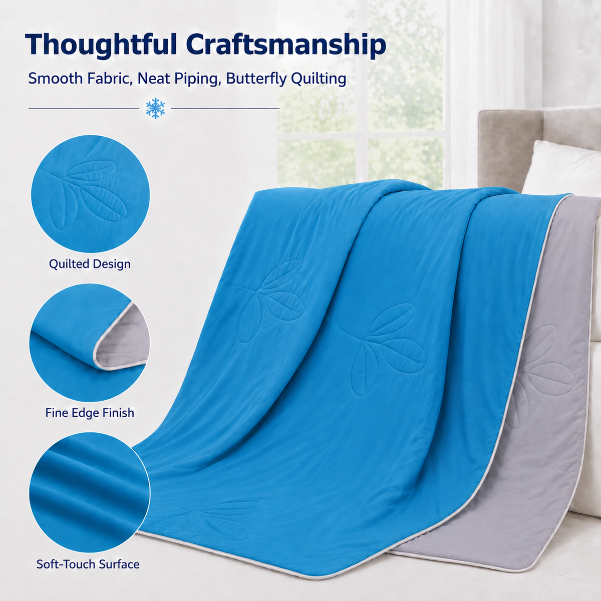 PYROEPLEEA 90" x 108" Cooling Blanket King Size for Hot Sleepers, Lightweight Breathable Soft Blanket for Night Sweats, Bed Sofa Travel, Leaves Blue