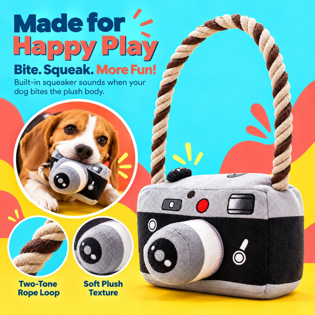 PYROEPLEEA Camera Squeaky Plush Dog Toy with Raised Lens and Braided Rope Handle, Black and Gray, Approx. 6 in Wide, Gift for Dogs and Dog Lovers