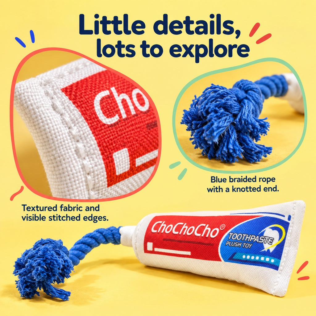 PYROEPLEEA Toothpaste Tube Squeaky Dog Toy with Colorful Printed Fabric and Blue Knotted Rope, Approx. 12 in Long, Funny Dog Birthday Gift