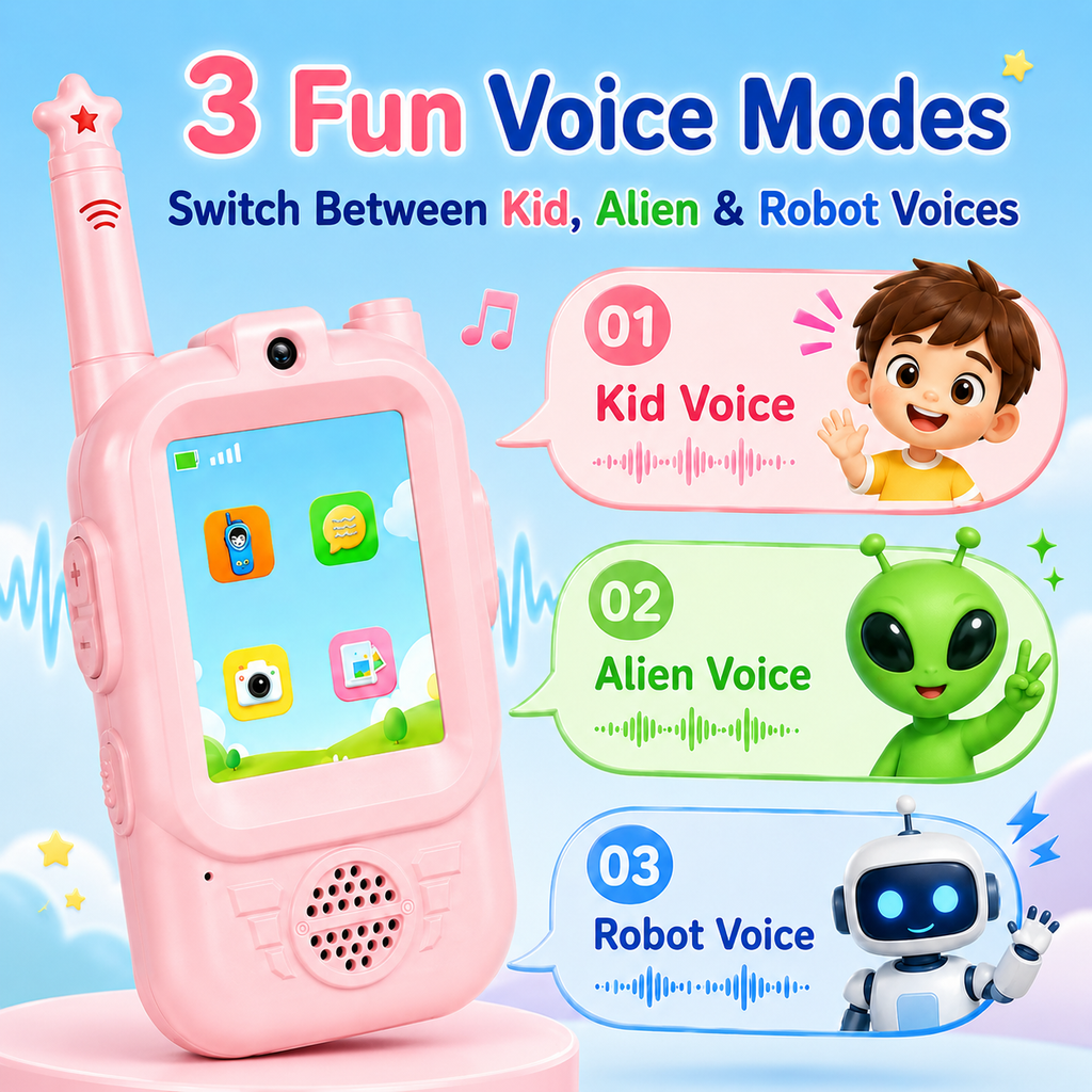PYROEPLEEA Video Walkie Talkies for Kids 2 Pack, Rechargeable Long Range Two Way Radios with Screen, Camera & Voice Changer, Outdoor Toys, Pink