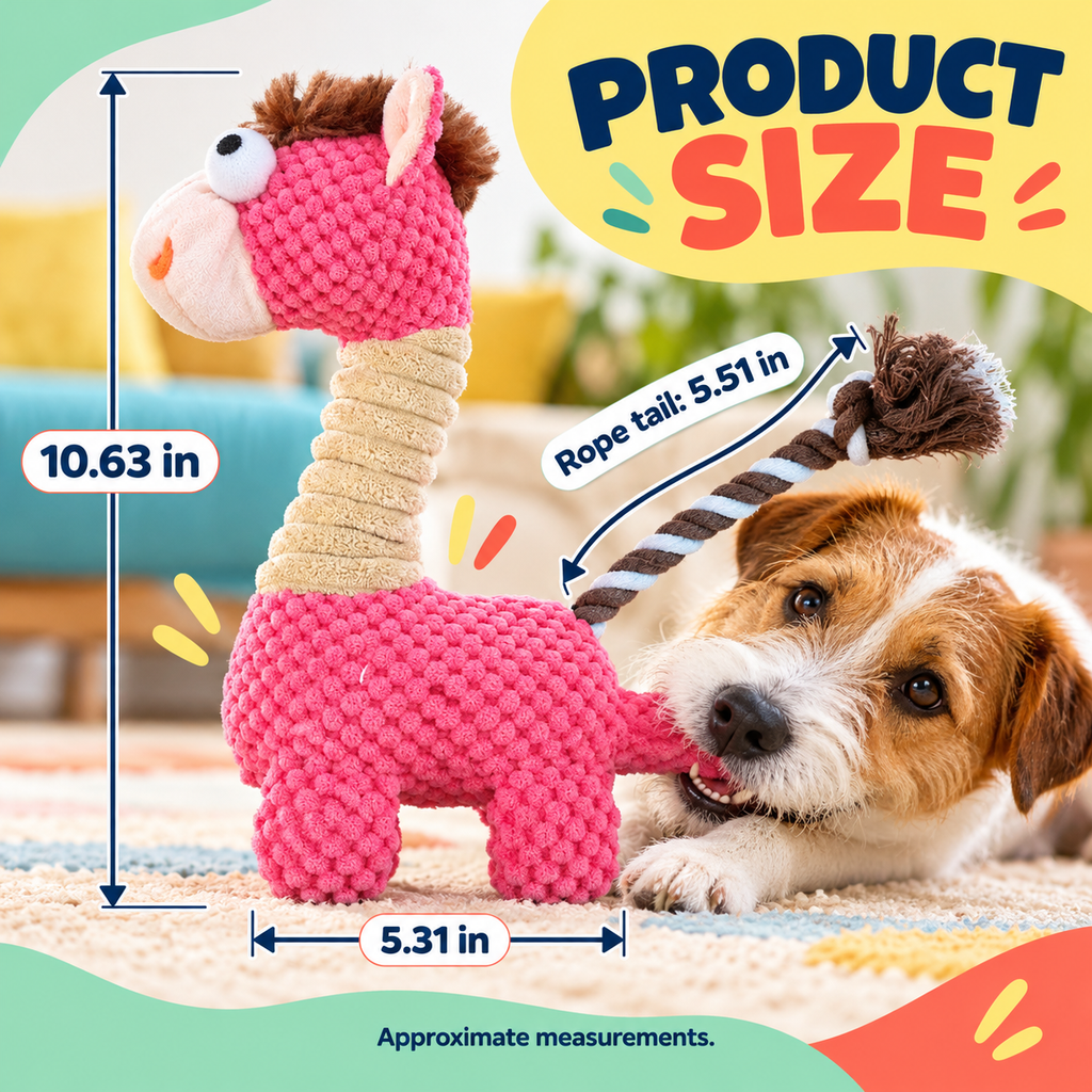PYROEPLEEA Horse Squeaky Plush Dog Toy with Textured Fabric, Soft Mane and Rope Tail, Pink, Approx. 11 in Tall, Dog Birthday and Holiday Gift