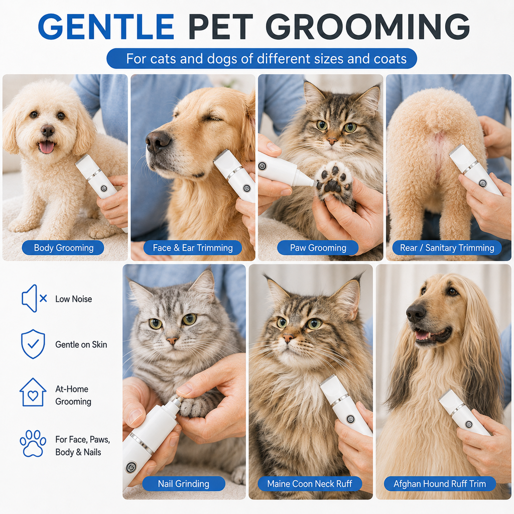 PYROEPLEEA 4-in-1 Dog Clippers & Pet Grooming Kit, 2-Speed Cordless Hair Trimmer with Paw Trimmer & Nail Grinder, White