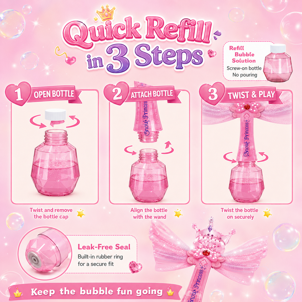 PYROEPLEEA Princess Bubble Wand for Kids, Automatic Bubble Machine with Lights & Music, 2 Bubble Solution Refills, Outdoor Party Birthday Gift, Pink