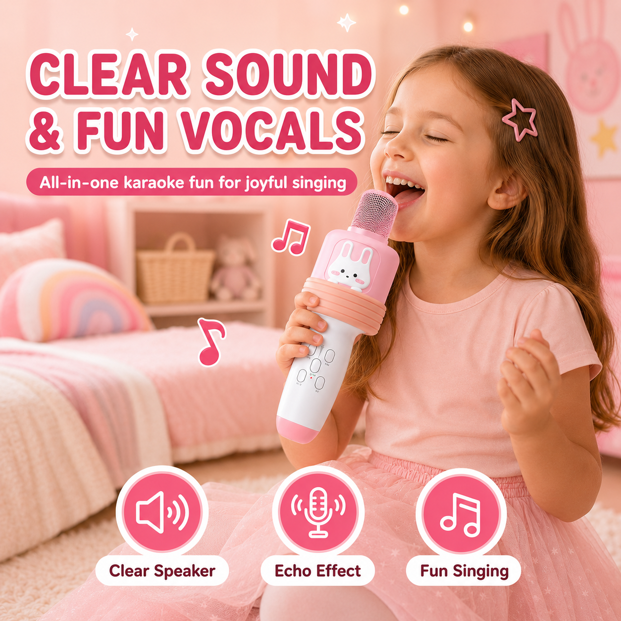 Kids Karaoke Microphone with Bluetooth Speaker, LED Lights Singing Toy with Voice Changer Effects, All-in-One Portable Karaoke Microphone for Girls and Boys Ages 3-12, Birthday Party Gift, Pink