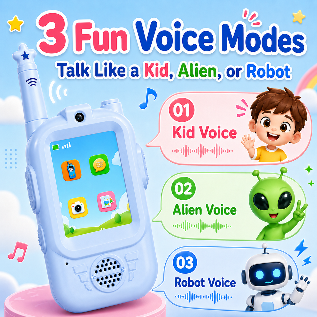 PYROEPLEEA Video Walkie Talkies for Kids 2 Pack, Rechargeable Long Range Two Way Radios with Screen, Camera & Voice Changer, Outdoor Toys, Blue