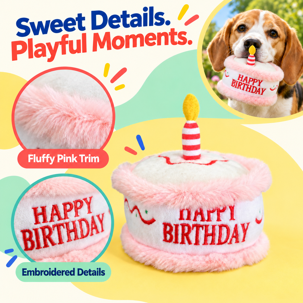 PYROEPLEEA Birthday Cake Squeaky Plush Dog Toy with Candle and Happy Birthday  Embroidery, Pink, Approx. 6 in Wide, Dog Birthday Gift