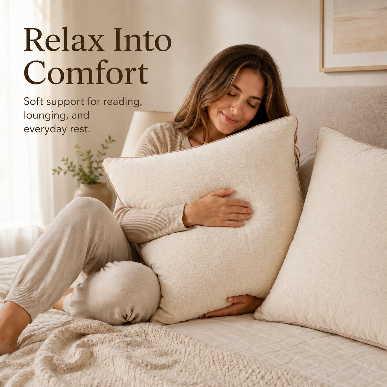 Premium Cotton Linen Pillow - Ultra Soft & Breathable, Fluffy Supportive Sleeping Pillow for All Sleep Positions, Machine Washable, Light Beige