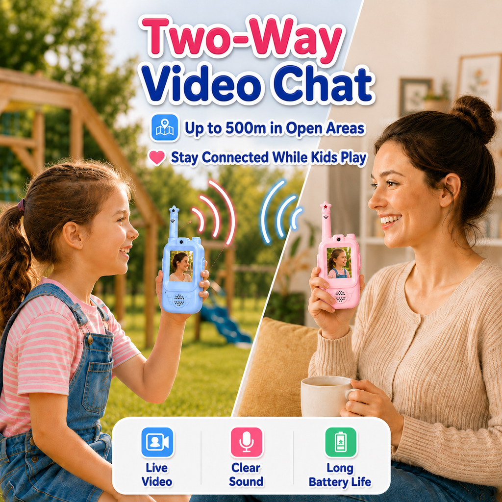 PYROEPLEEA Video Walkie Talkies for Kids 2 Pack, Rechargeable Long Range Two Way Radios with Screen, Camera & Voice Changer, Outdoor Toys