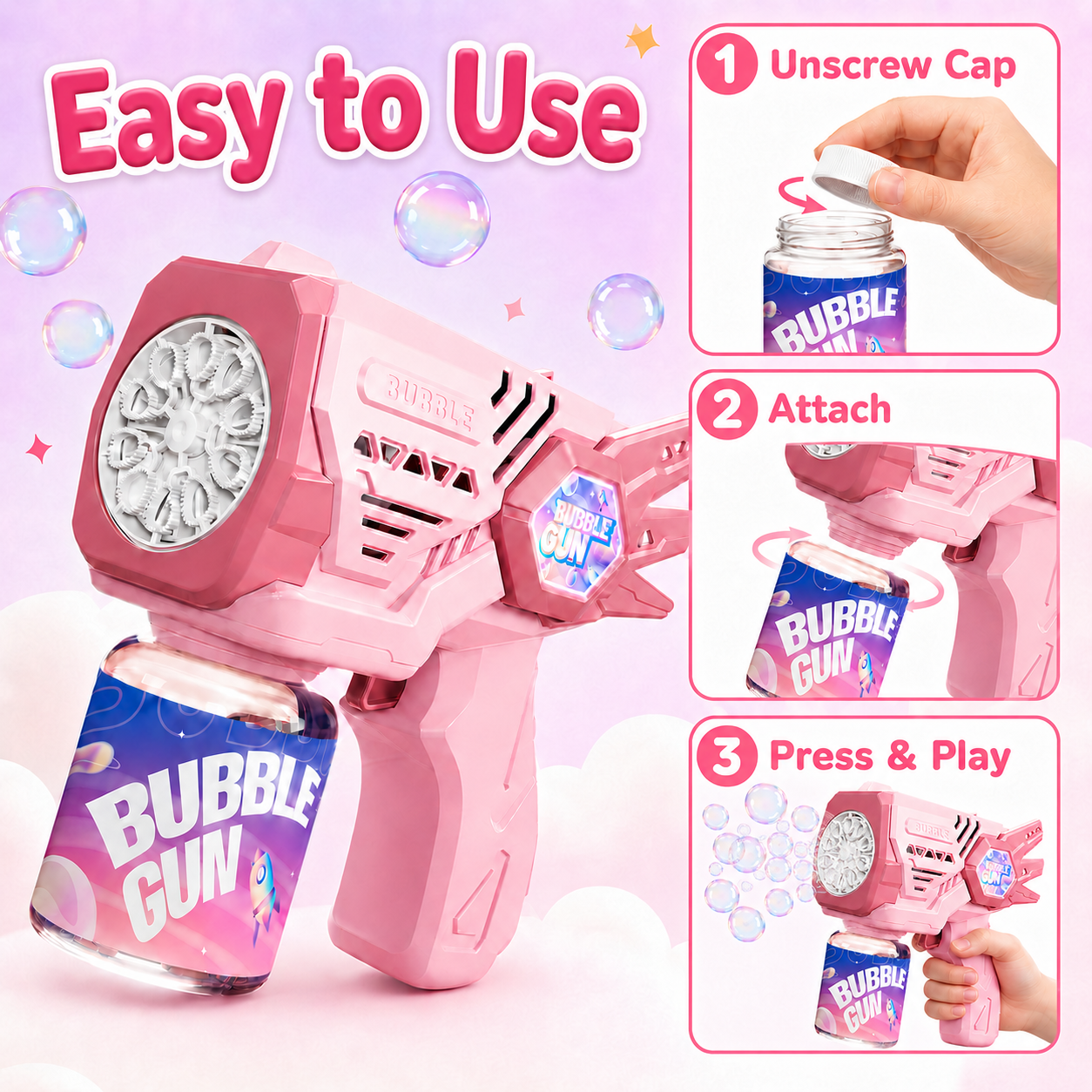 PYROEPLEEA Electric Bubble Gun, Pink 10-Hole High Output Automatic Portable Bubble Blaster, Kids Outdoor Play Toy