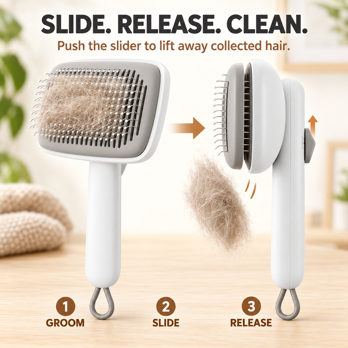 PYROEPLEEA Self-Cleaning Slicker Brush for Dogs and Cats, Push-Button Pet Grooming Tool, White, 1 Count
