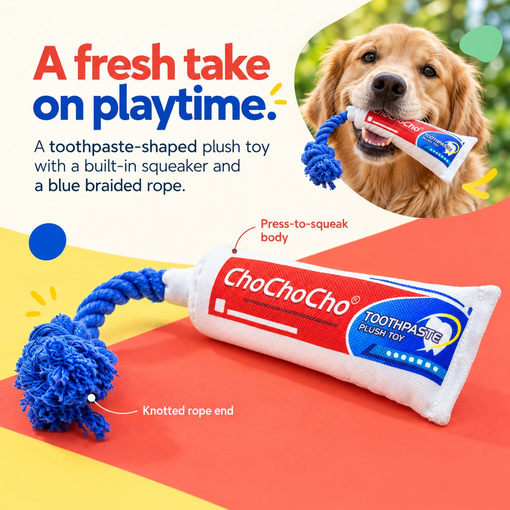 PYROEPLEEA Toothpaste Tube Squeaky Dog Toy with Colorful Printed Fabric and Blue Knotted Rope, Approx. 12 in Long, Funny Dog Birthday Gift