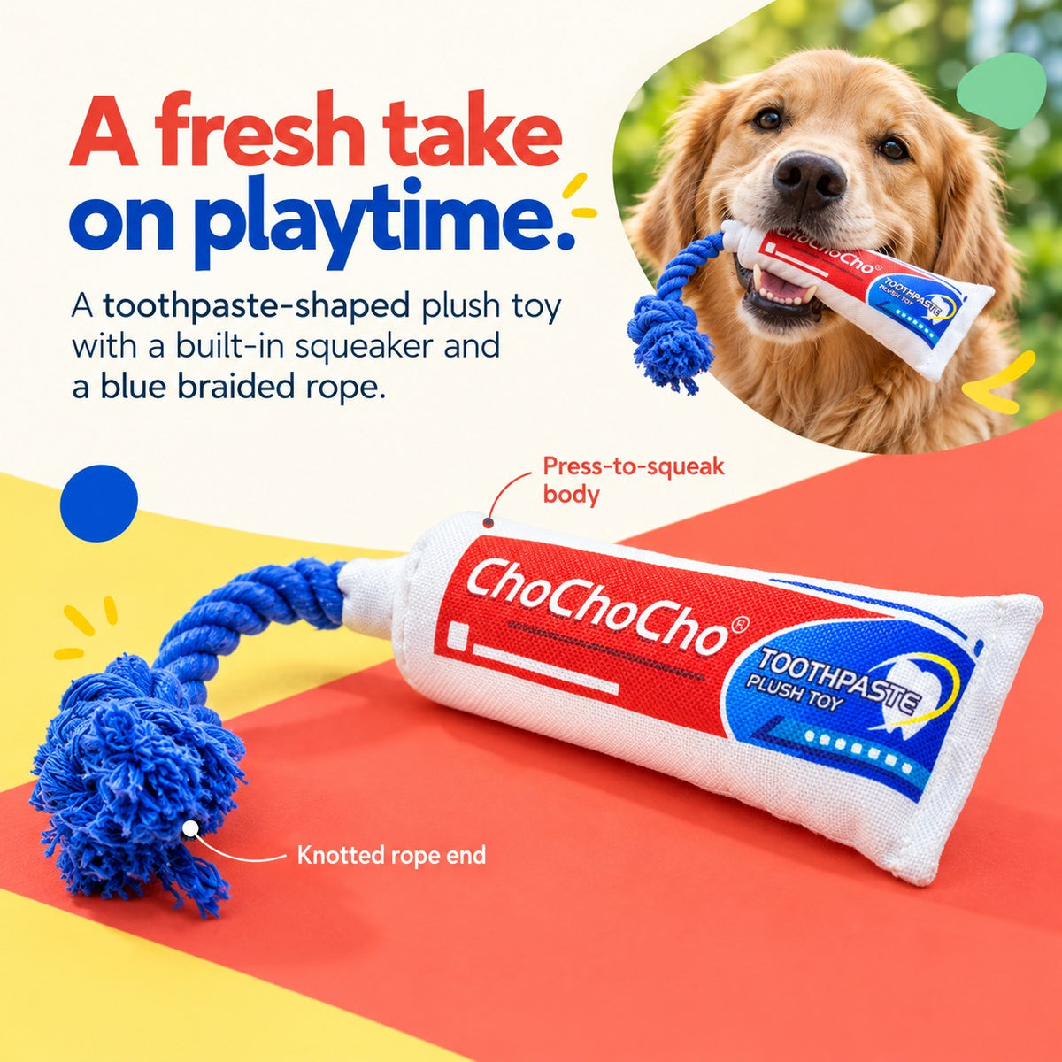 PYROEPLEEA Toothpaste Tube Squeaky Dog Toy with Colorful Printed Fabric and Blue Knotted Rope, Approx. 12 in Long, Funny Dog Birthday Gift