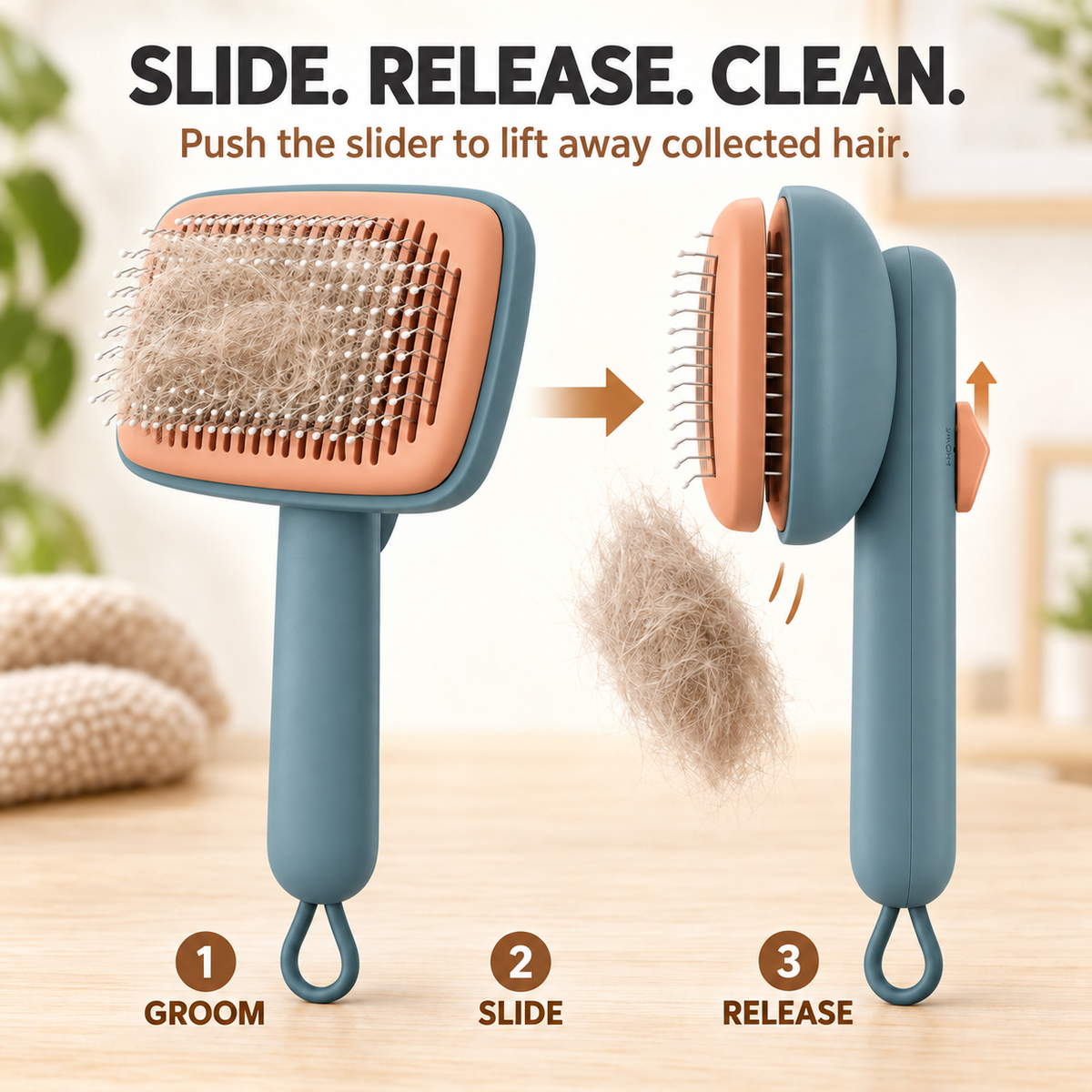 PYROEPLEEA Self-Cleaning Slicker Brush for Dogs and Cats, Push-Button Pet Grooming Tool, Green, 1 Count