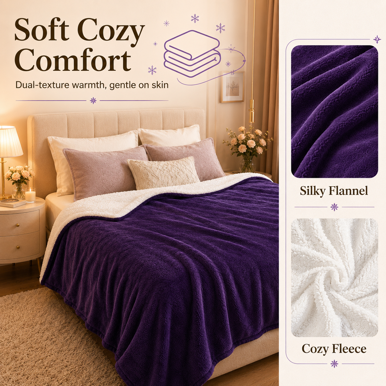 PYROEPLEEA Heated Throw Blanket 50 x 60 in, Flannel Sherpa, 6 Heat Settings, 1-12 Hour Auto Off, Machine Washable for Couch or Bed-Purple