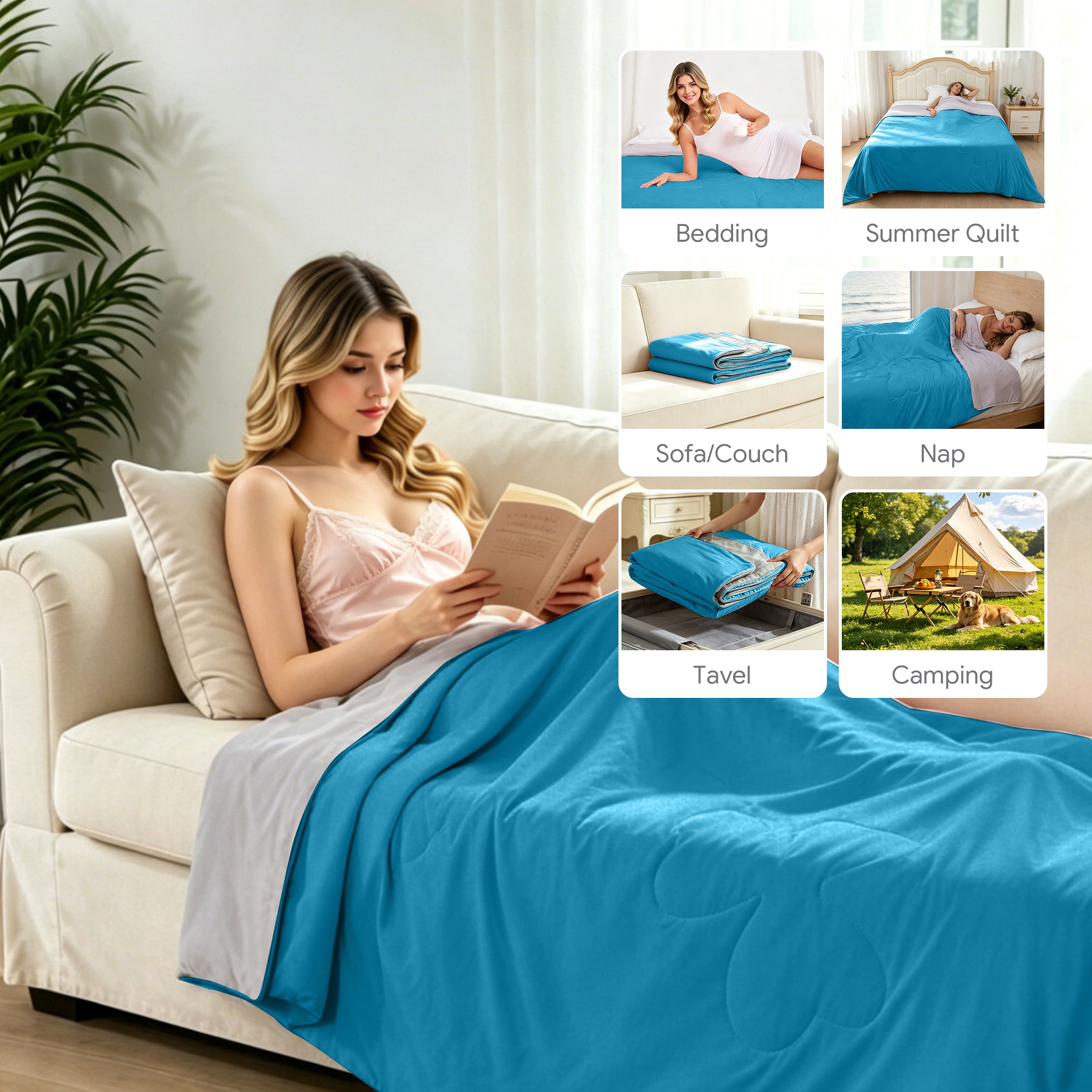PYROEPLEEA Cooling Blanket for Hot Sleepers King Size (90" x 108"), Lightweight Breathable Summer Cooling Comforter for Night Sweats, Clover Blue