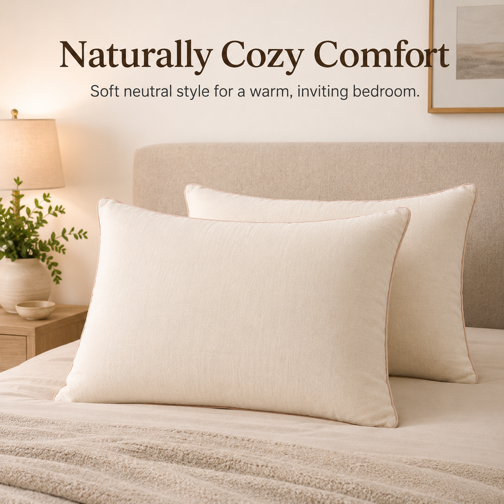 Premium Cotton Linen Pillow - Ultra Soft & Breathable, Fluffy Supportive Sleeping Pillow for All Sleep Positions, Machine Washable, Light Beige