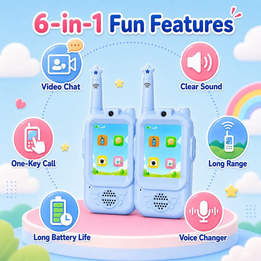 PYROEPLEEA Video Walkie Talkies for Kids 2 Pack, Rechargeable Long Range Two Way Radios with Screen, Camera & Voice Changer, Outdoor Toys, Blue