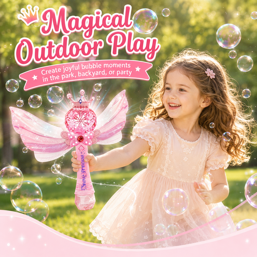 PYROEPLEEA Princess Bubble Wand for Kids, Automatic Bubble Machine with Lights & Music, 2 Bubble Solution Refills, Outdoor Party Birthday Gift, Pink