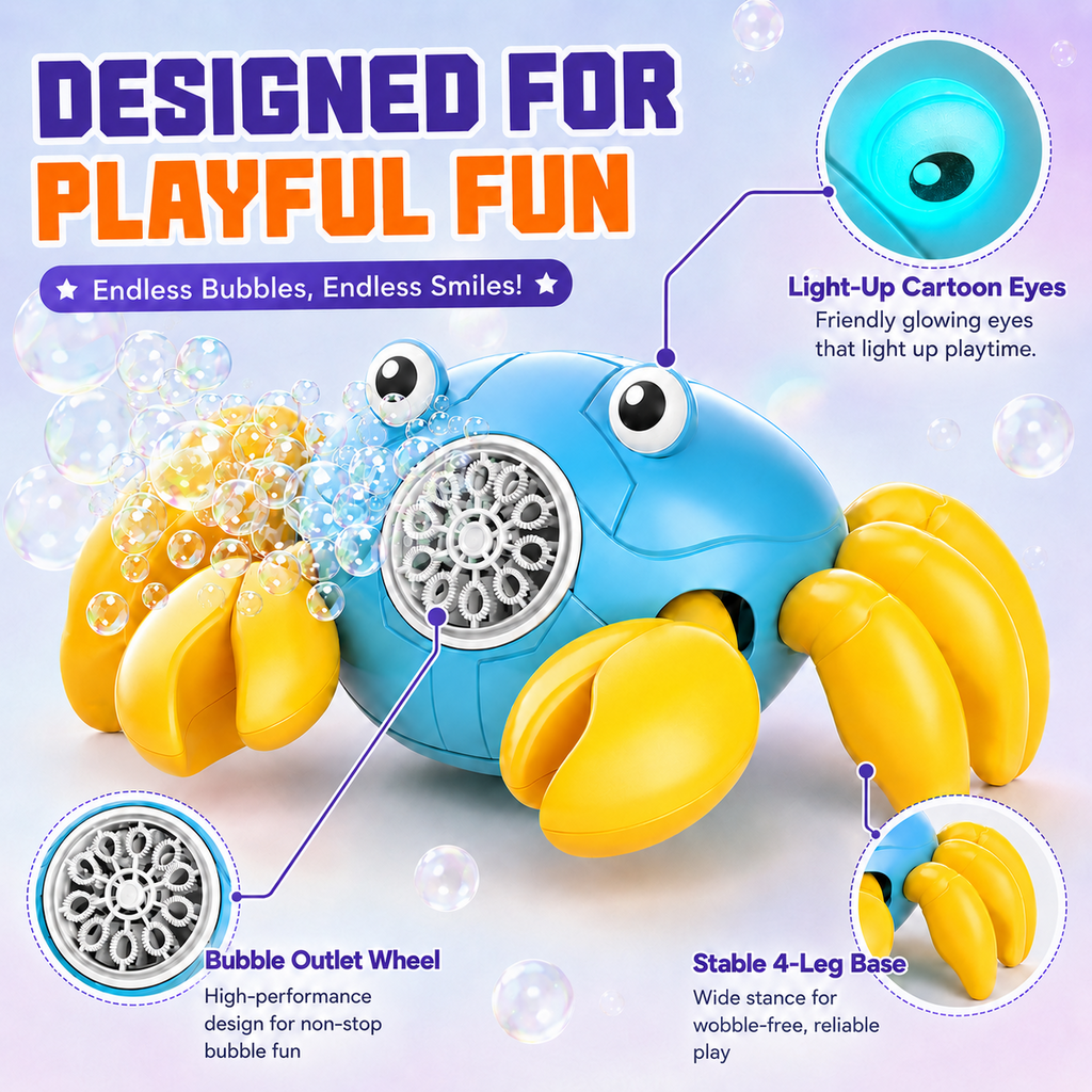PYROEPLEEA Crab Bubble Machine for Kids, USB Rechargeable Automatic Bubble Maker with LED Lights, 2 Bubble Bottles, Outdoor Toy, Ages 3 and Up, Blue