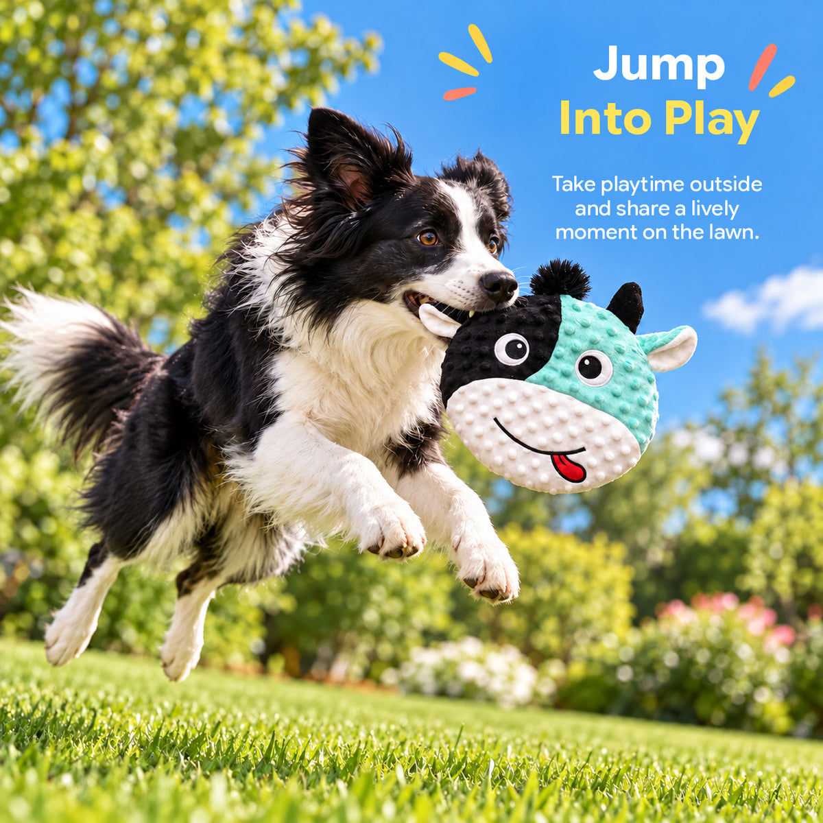 PYROEPLEEA Cow Flying Disc Dog Toy with Soft Raised-Dot Fabric and Smiling Face, Black and Mint Green, Approx. 9.5 in Wide, Fetch Toy and Dog Gift