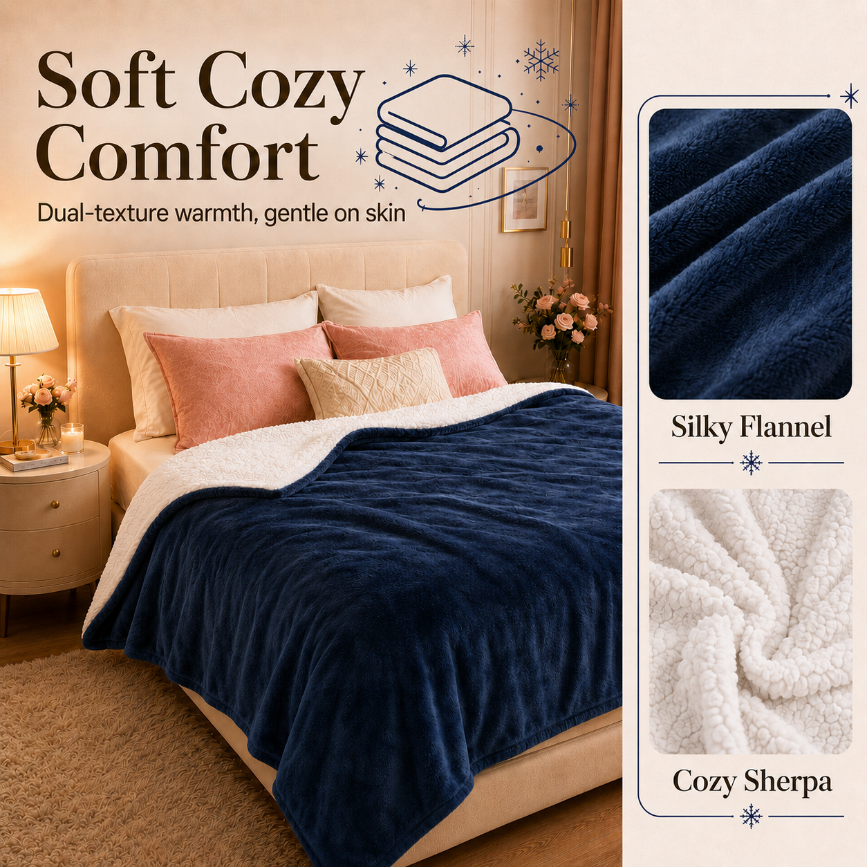 PYROEPLEEA Heated Throw Blanket 50 x 60 in, Flannel Sherpa, 6 Heat Settings, 1-12 Hour Auto Off, Machine Washable for Couch or Bed-Dark Blue