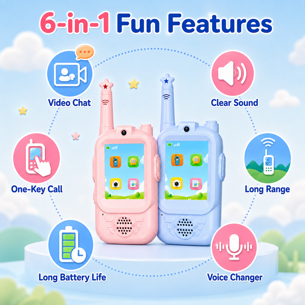 PYROEPLEEA Video Walkie Talkies for Kids 2 Pack, Rechargeable Long Range Two Way Radios with Screen, Camera & Voice Changer, Outdoor Toys