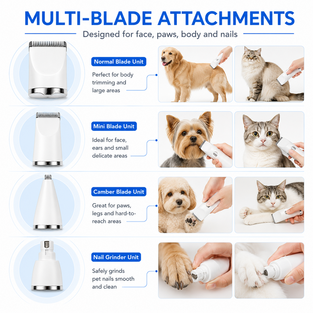PYROEPLEEA 4-in-1 Dog Clippers & Pet Grooming Kit, 2-Speed Cordless Hair Trimmer with Paw Trimmer & Nail Grinder, White