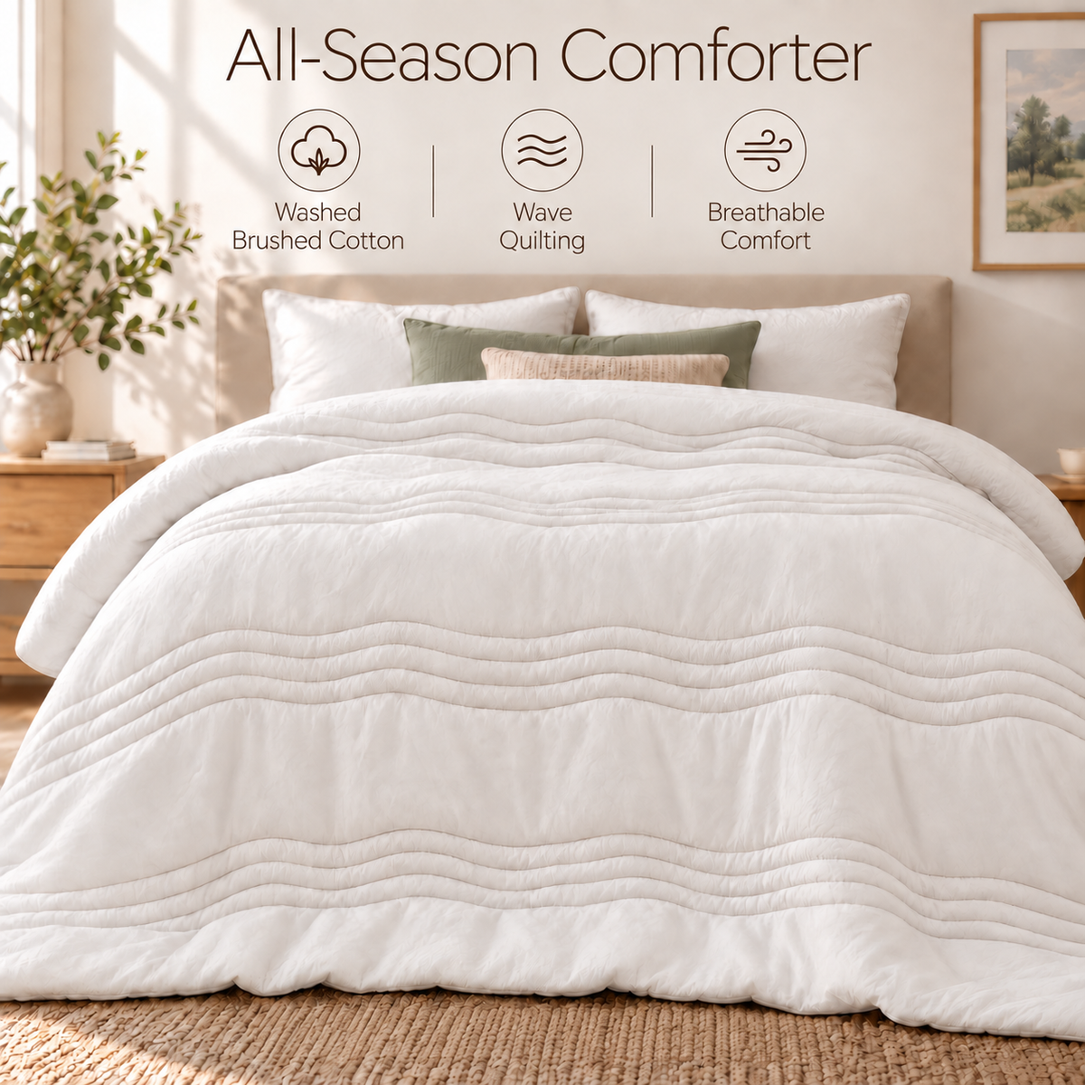 PYROEPLEEA All Season Comforter Full 76 x 90 Inches, Ultra Soft Brushed Microfiber Down Alternative Comforter, Lightweight Wave Quilted Bedding, Machine Washable, White