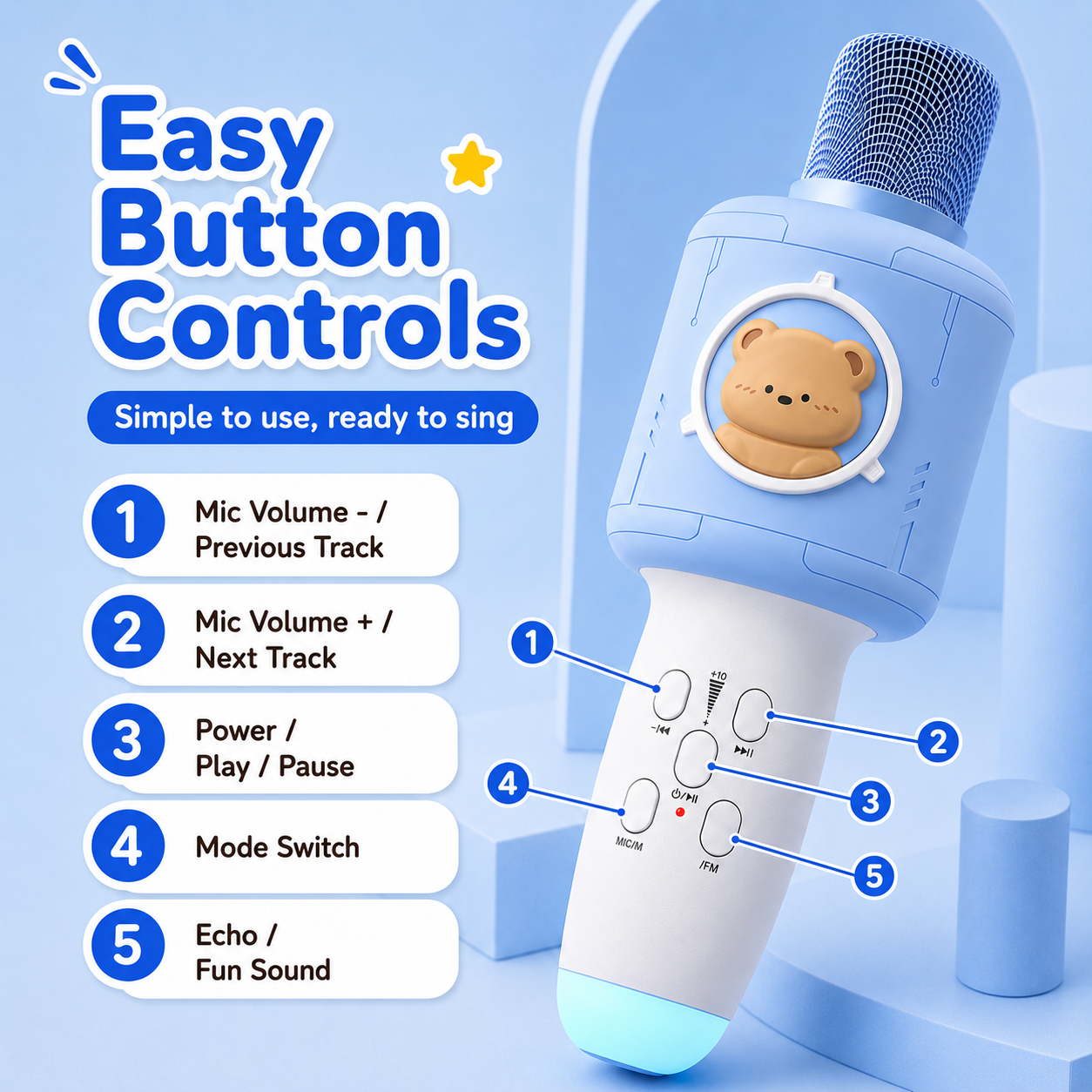 PYROEPLEEA Kids Karaoke Microphone with Bluetooth Speaker, LED Lights & Voice Changer, Portable Singing Toy for Ages 3-12, Blue
