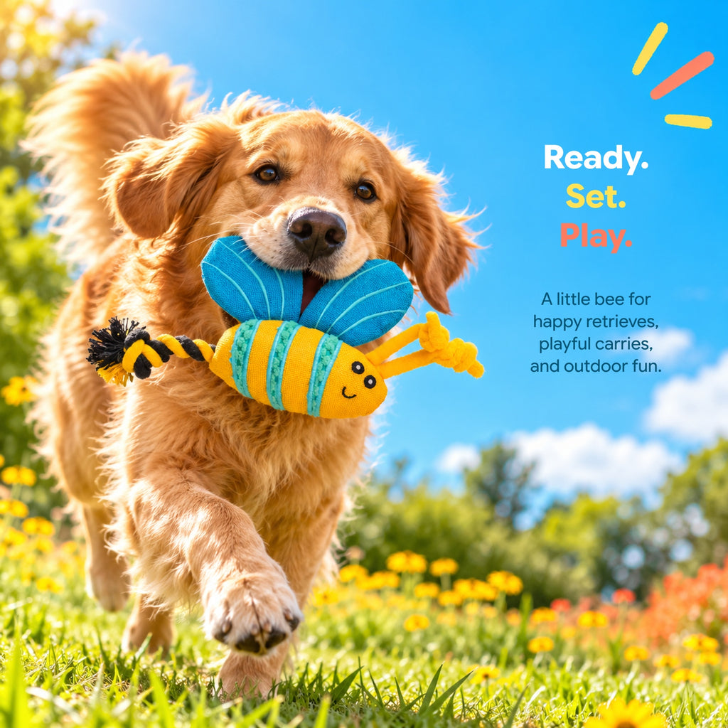 PYROEPLEEA Bee Squeaky Dog Toy with Textured Body, Blue Wings and Knotted Rope Tail, Yellow, Approx. 8 in Long, Dog Birthday and Holiday Gift