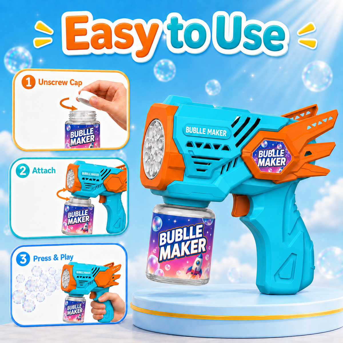 PYROEPLEEA Bubble Machine for Kids, Angel Wings Handheld Bubble Maker, USB Rechargeable Outdoor Bubble Toy for Boys Girls Ages 3+, Blue