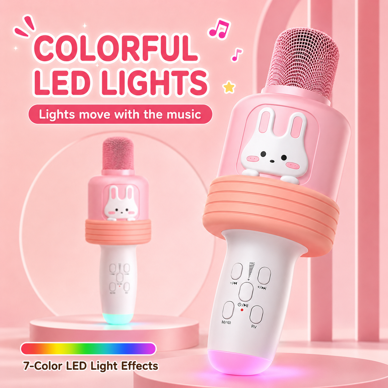 Kids Karaoke Microphone with Bluetooth Speaker, LED Lights Singing Toy with Voice Changer Effects, All-in-One Portable Karaoke Microphone for Girls and Boys Ages 3-12, Birthday Party Gift, Pink