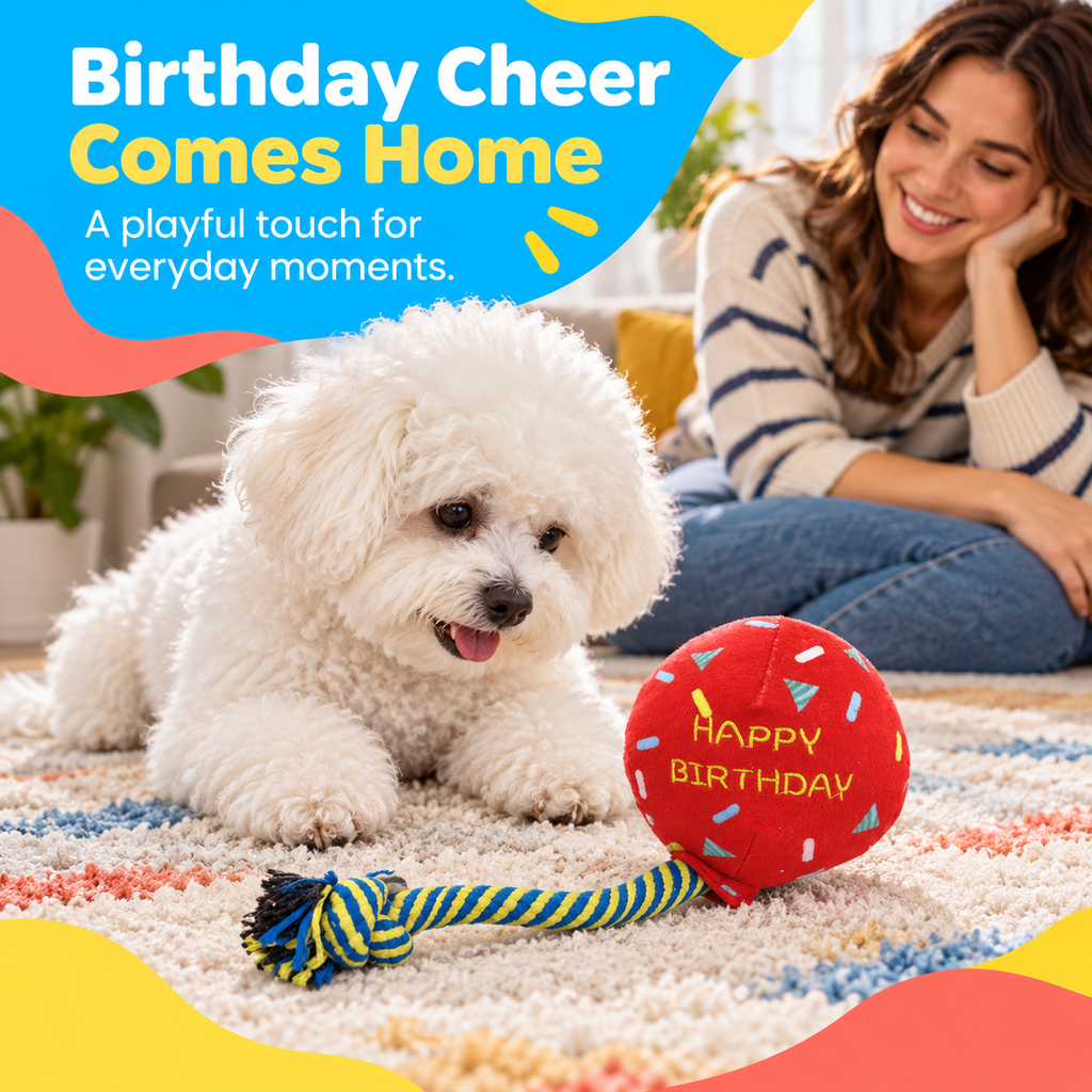 PYROEPLEEA Birthday Balloon Squeaky Plush Dog Toy with Knotted Rope and Happy Birthday Embroidery, Red, Approx. 12 in Long, Dog Birthday Gift