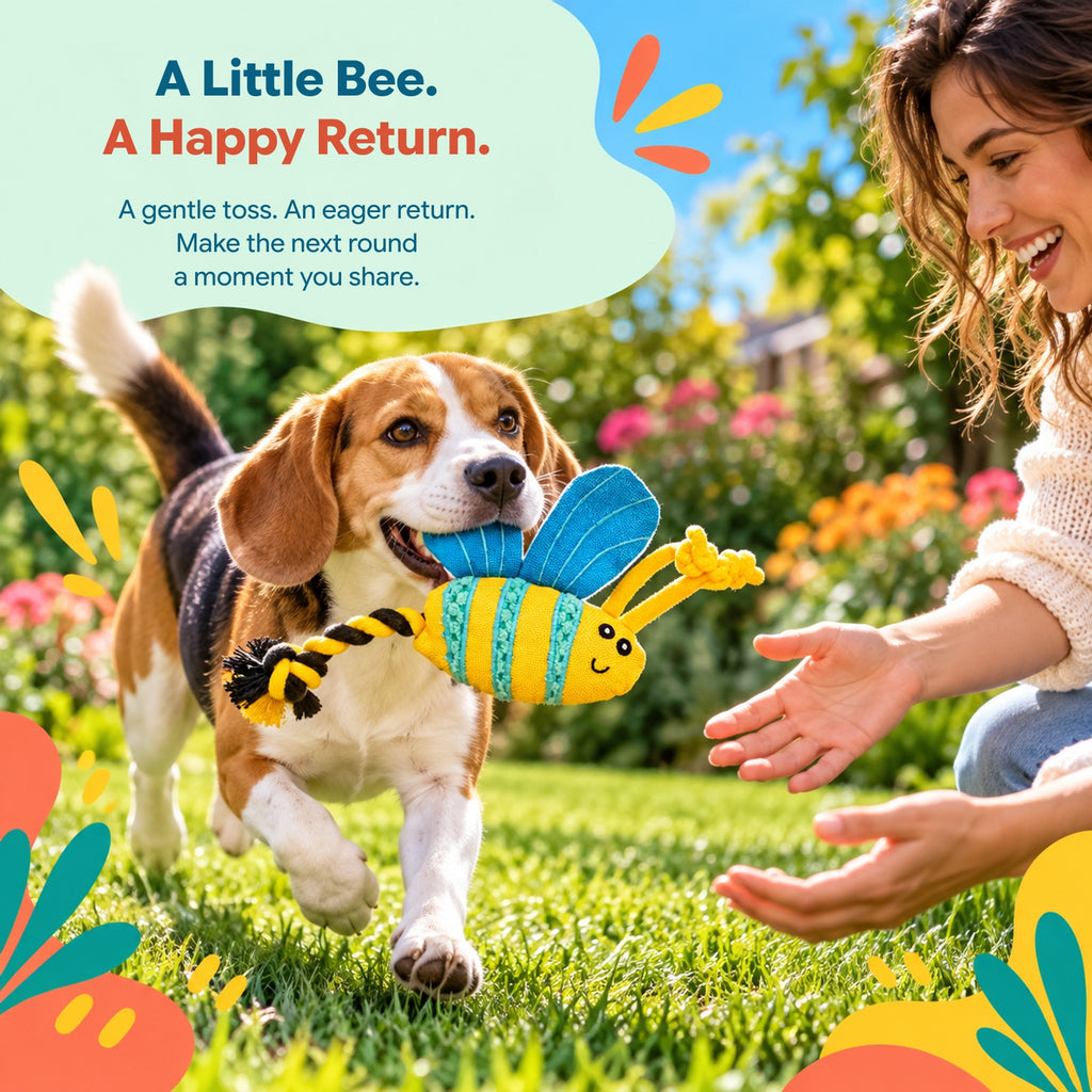 PYROEPLEEA Bee Squeaky Dog Toy with Textured Body, Blue Wings and Knotted Rope Tail, Yellow, Approx. 8 in Long, Dog Birthday and Holiday Gift