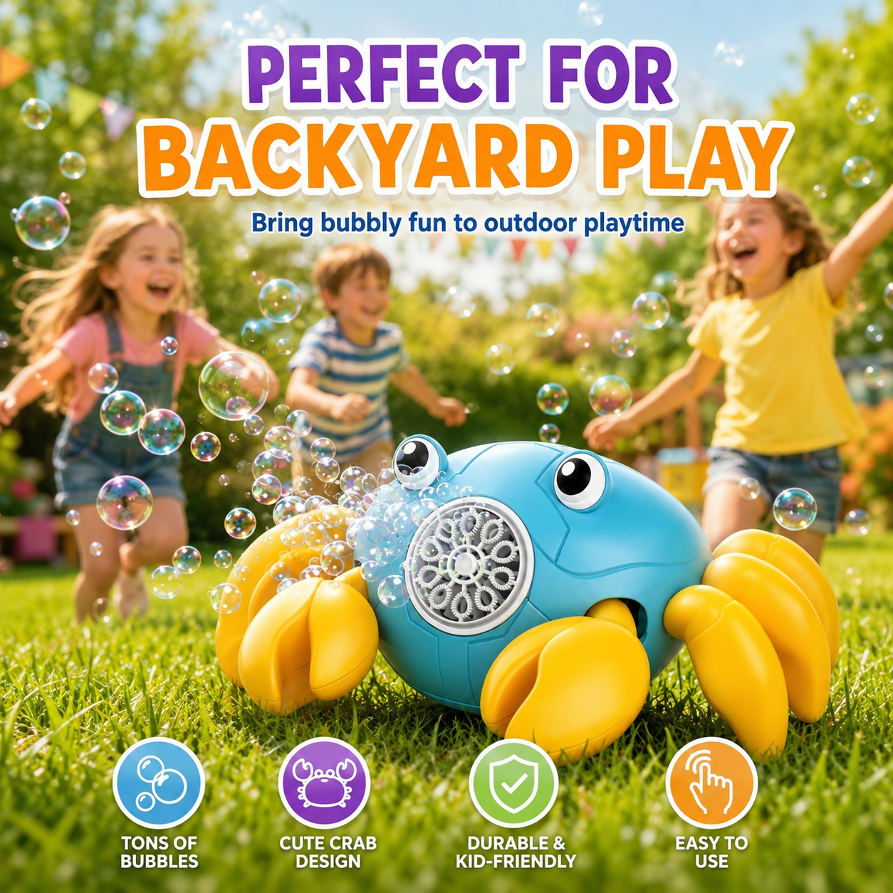 PYROEPLEEA Crab Bubble Machine for Kids, USB Rechargeable Automatic Bubble Maker with LED Lights, 2 Bubble Bottles, Outdoor Toy, Ages 3 and Up, Blue