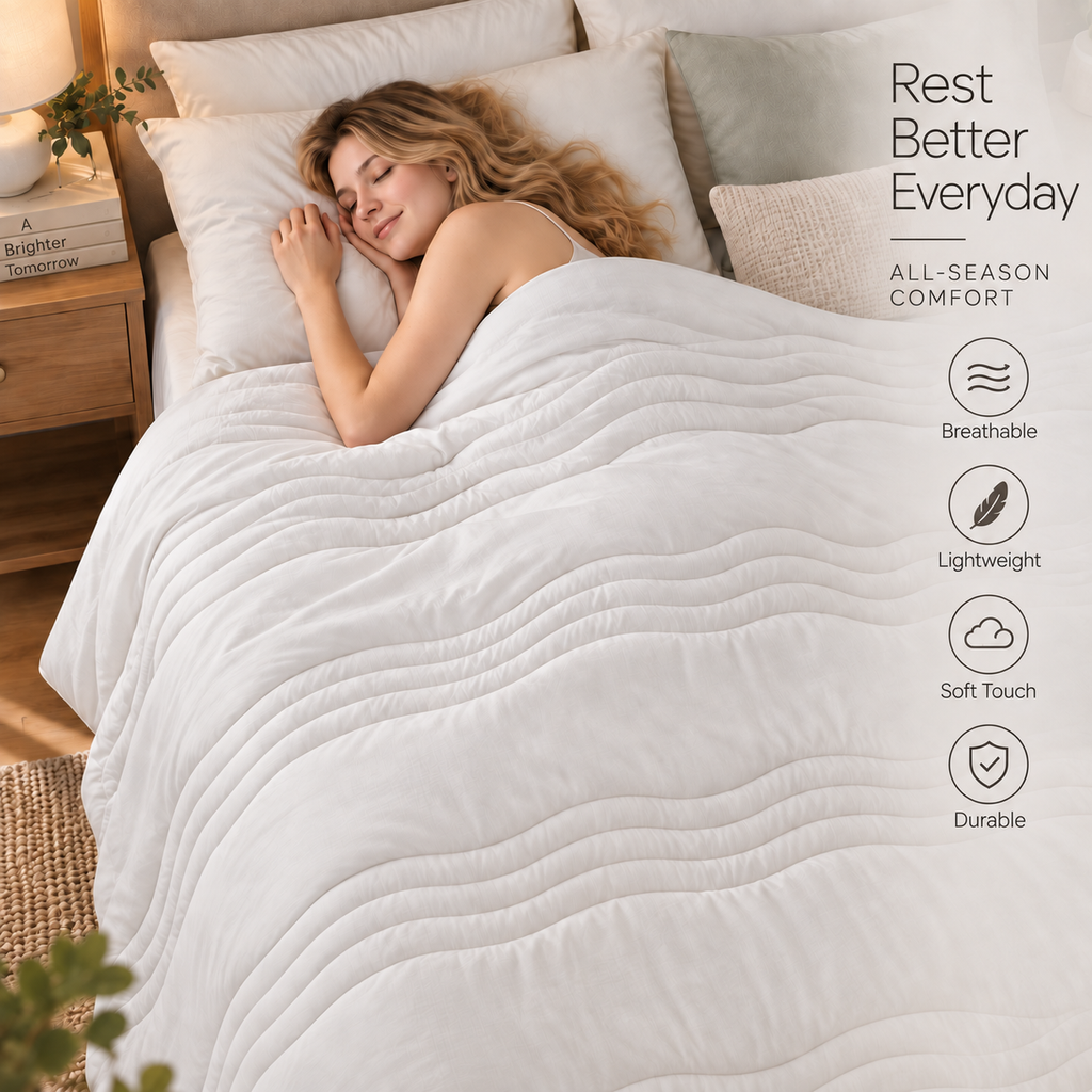 PYROEPLEEA All Season Comforter Twin 66 x 90 Inches, Ultra Soft Brushed Microfiber Down Alternative Comforter, Lightweight Wave Quilted Bedding, Machine Washable, White