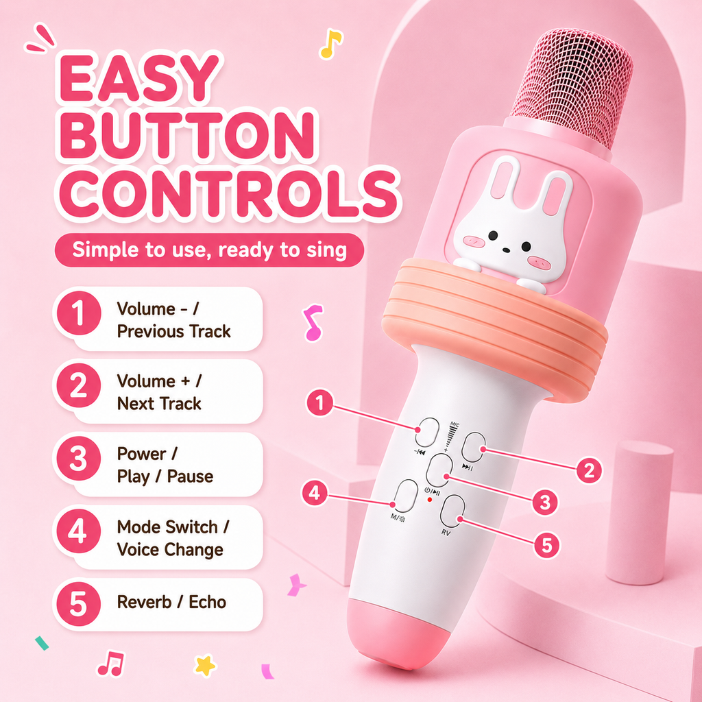 Kids Karaoke Microphone with Bluetooth Speaker, LED Lights Singing Toy with Voice Changer Effects, All-in-One Portable Karaoke Microphone for Girls and Boys Ages 3-12, Birthday Party Gift, Pink