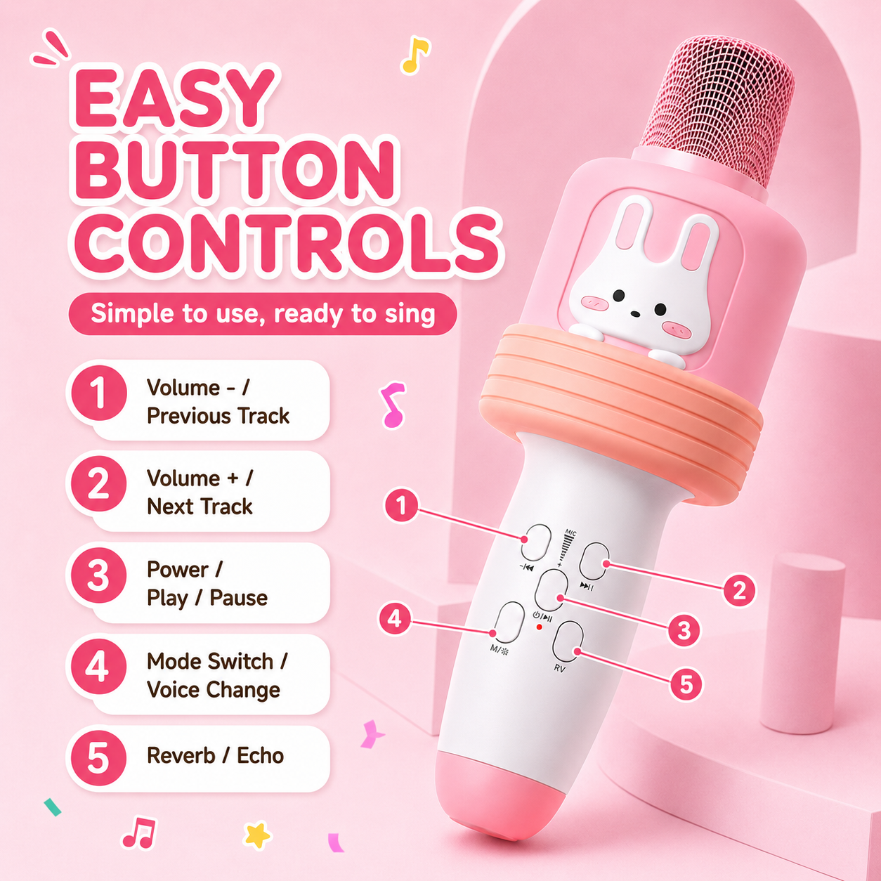 Kids Karaoke Microphone with Bluetooth Speaker, LED Lights Singing Toy with Voice Changer Effects, All-in-One Portable Karaoke Microphone for Girls and Boys Ages 3-12, Birthday Party Gift, Pink