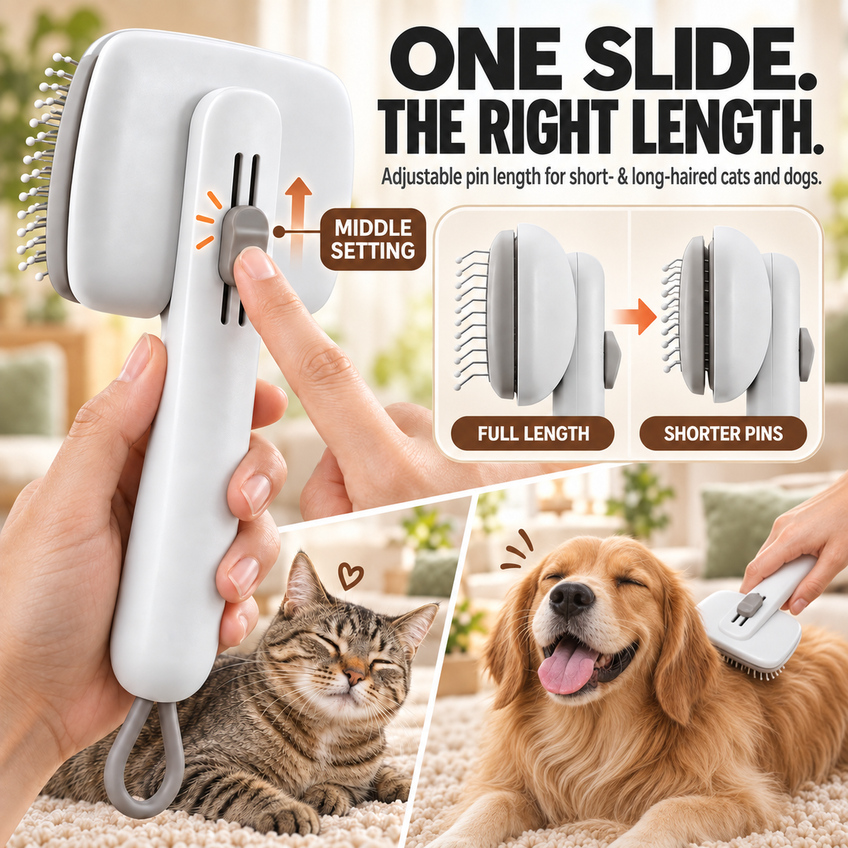 PYROEPLEEA Self-Cleaning Slicker Brush for Dogs and Cats, Push-Button Pet Grooming Tool, White, 1 Count