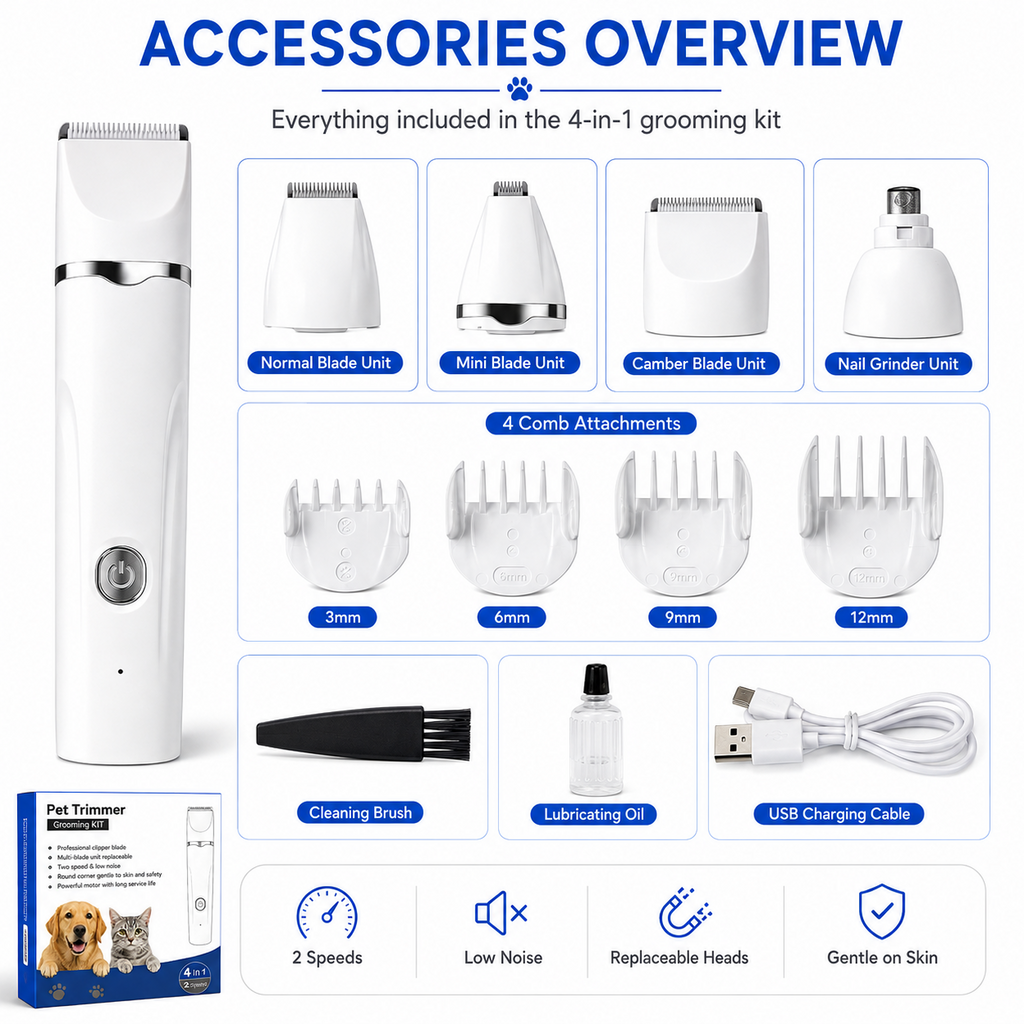 PYROEPLEEA 4-in-1 Dog Clippers & Pet Grooming Kit, 2-Speed Cordless Hair Trimmer with Paw Trimmer & Nail Grinder, White