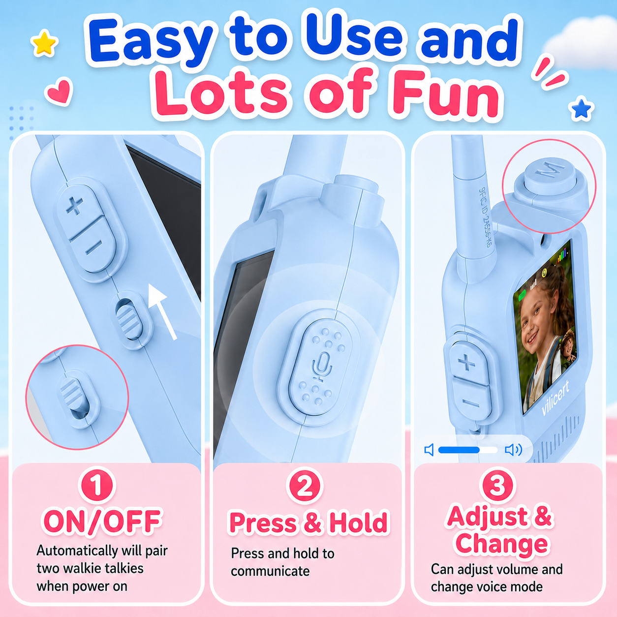 PYROEPLEEA Video Walkie Talkies for Kids 2 Pack, Rechargeable Long Range Two Way Radios with Screen, Camera & Voice Changer, Outdoor Toys, Blue