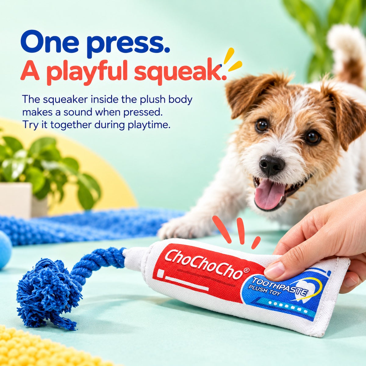 PYROEPLEEA Toothpaste Tube Squeaky Dog Toy with Colorful Printed Fabric and Blue Knotted Rope, Approx. 12 in Long, Funny Dog Birthday Gift