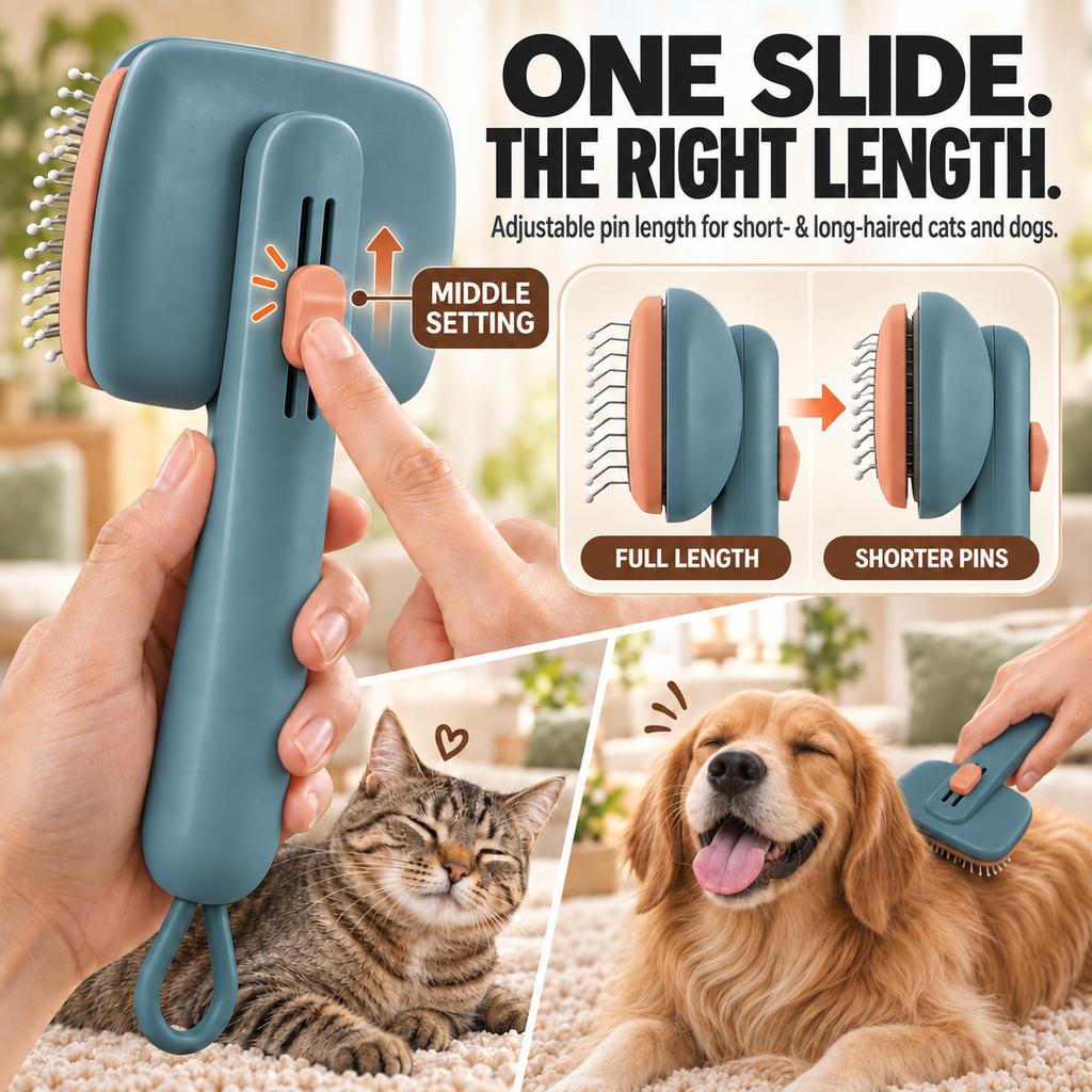 PYROEPLEEA Self-Cleaning Slicker Brush for Dogs and Cats, Push-Button Pet Grooming Tool, Green, 1 Count