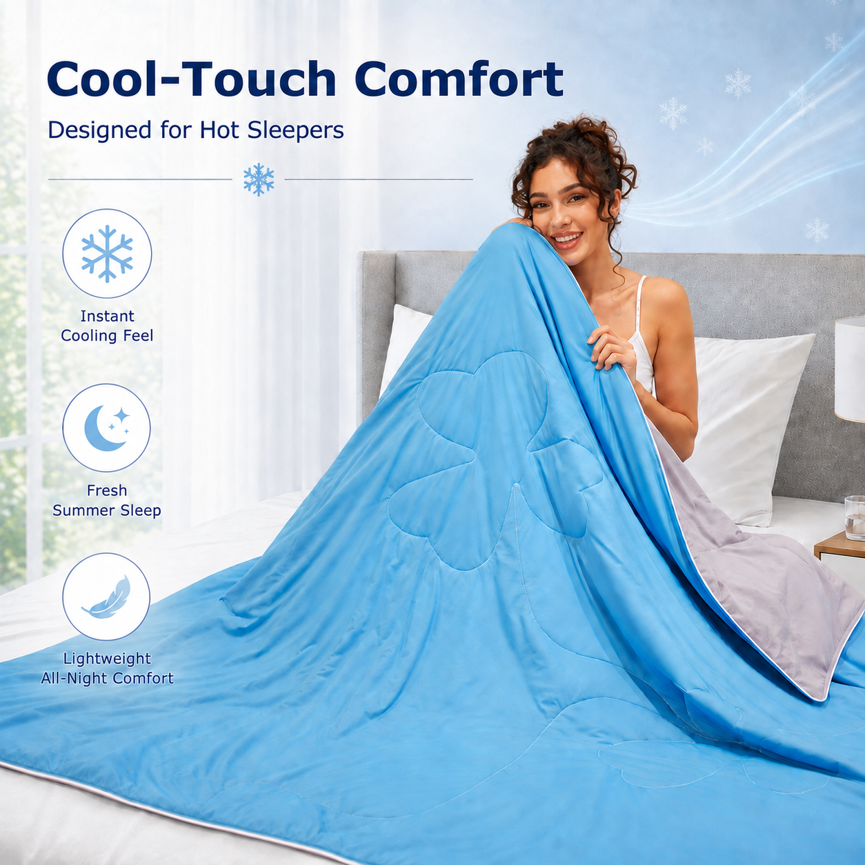 PYROEPLEEA 90" x 90" Cooling Blanket Queen Size for Hot Sleepers, Lightweight Breathable Soft Blanket for Night Sweats, Bed Sofa Travel, Clover Blue